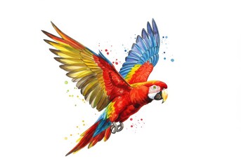 Fototapeta premium Majestic Colorful Parrot in Flight with Vibrant Wingspan - A stunning watercolor cartoon illustration of a lively parrot in flight surrounded by splashes of color symbolizing nature, freedom, beauty