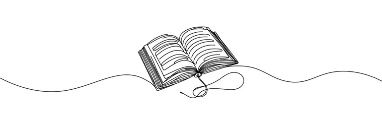 Open book continuous one line drawing. Bookstore, library sign in simple linear style. Vector illustration.