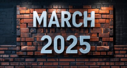 Obraz premium march 2025 lettering on a signage in brick wall dark background