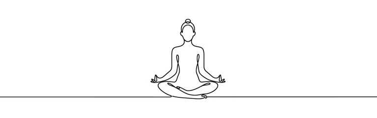 Woman sitting in meditation continuous one line drawing. Yoga sign in simple linear style. Vector illustration.