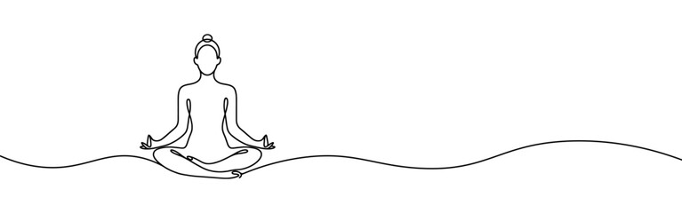 Woman sitting in meditation continuous one line drawing. Yoga sign in simple linear style. Vector illustration.