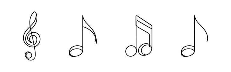 Set of music note continuous one line drawing. Musical note in simple linear style. Vector illustration.