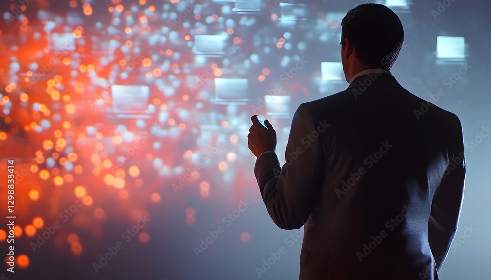 Poster businessman interacts with holographic data interface in futuristic setting