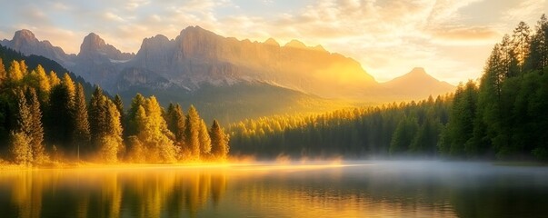 Fototapeta premium Serene lake reflects golden sunrise illuminating the distant mountains