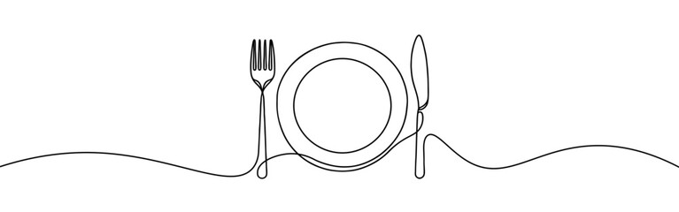 Plate with knife and fork continuous one line drawing. Tableware, dinnerservice, menu concept in simple linear style. Vector illustration.