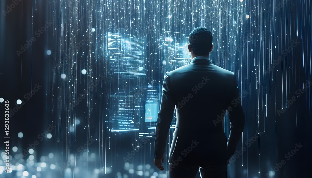 Poster a businessman contemplates digital information stream and data visualizations