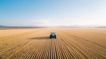 aerial view of vast wheat field with lone tractor moving in perfect lines