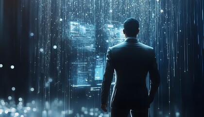 A businessman contemplates digital information stream and data visualizations