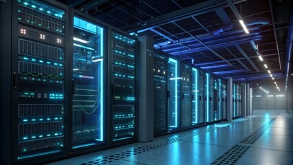Data center interior, server racks, glowing blue lights, futuristic technology