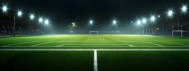 An illustration of an empty football stadium with bright lights shining down onto the green grass
