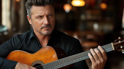 Obraz premium Thoughtful Man Holding Guitar in Introspective Moment, Capturing the Essence of Music and Reflection in a Warm Setting