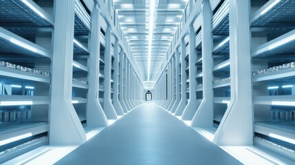 Naklejka premium Futuristic warehouse interior, aisle, shelves, illuminated