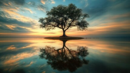 Fototapeta premium Tranquil tree reflected on serene lake at sunrise