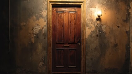 Old Wooden Door in a Dimly Lit Room
