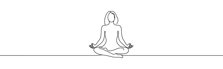 Woman sitting in meditation continuous one line drawing. Yoga sign in simple linear style. Vector illustration.