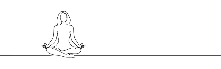 Woman sitting in meditation continuous one line drawing. Yoga sign in simple linear style. Vector illustration.