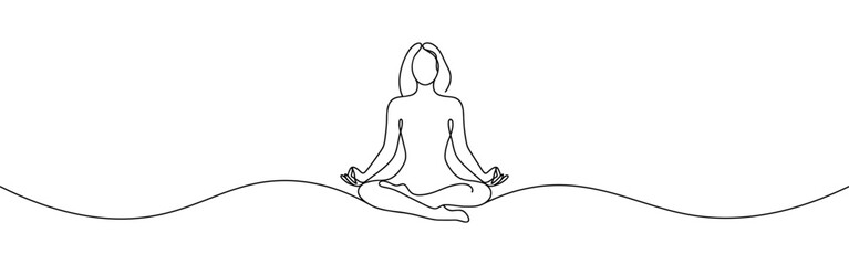 Woman sitting in meditation continuous one line drawing. Yoga sign in simple linear style. Vector illustration.