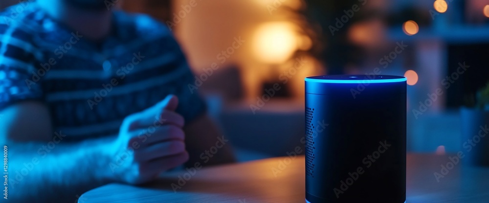 Poster man using smart speaker at home, night. relaxing background