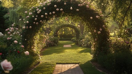 A garden archway adorned with climbing roses in full bloom, creating a romantic and inviting entrance.