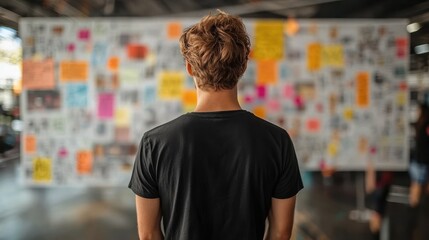 Man Visualizing His Goals Using a Vision Board Filled with Sticky Notes and Images in a Creative Workspace
