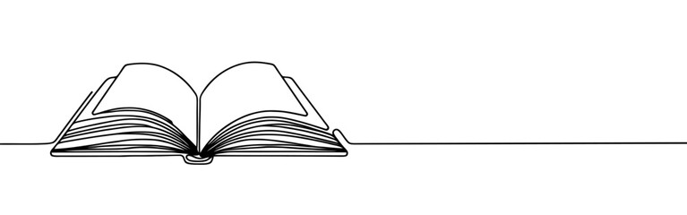 Open book continuous one line drawing. Bookstore, library sign in simple linear style. Vector illustration.