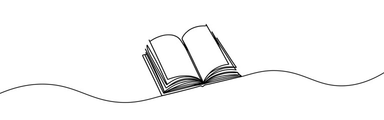 Open book continuous one line drawing. Bookstore, library sign in simple linear style. Vector illustration.