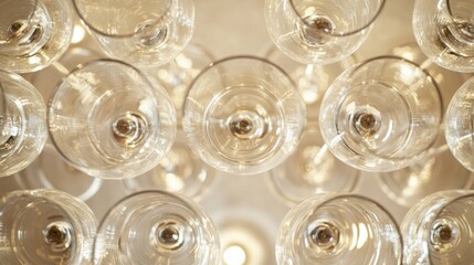 Neatly arranged empty glasses on a table, symbolizing simplicity and order in dining.