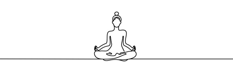Woman sitting in meditation continuous one line drawing. Yoga sign in simple linear style. Vector illustration.