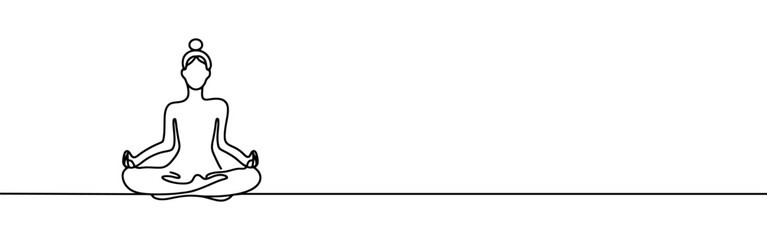 Fototapeta premium Woman sitting in meditation continuous one line drawing. Yoga sign in simple linear style. Vector illustration.