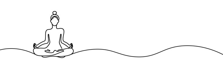 Woman sitting in meditation continuous one line drawing. Yoga sign in simple linear style. Vector illustration.