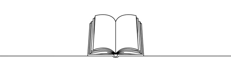 Open book continuous one line drawing. Bookstore, library sign in simple linear style. Vector illustration.