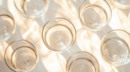 Neatly arranged empty glasses on a table, symbolizing simplicity and order in dining.