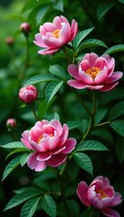 Fototapeta premium Lush green leaves forming a stunning backdrop for peony blooms, garden, nature