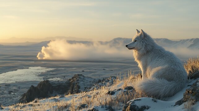 Arctic Fox Sunset Vista, Snowy Mountain Top, Steam Clouds
