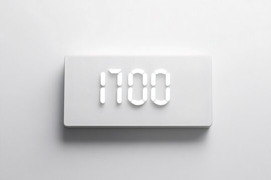 Minimalist white digital clock showing 17,00 - 5 pm - , representing concepts of time, schedule, and punctuality