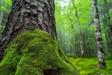 A massive ancient tree with sprawling roots and a thick, gnarled trunk covered in moss