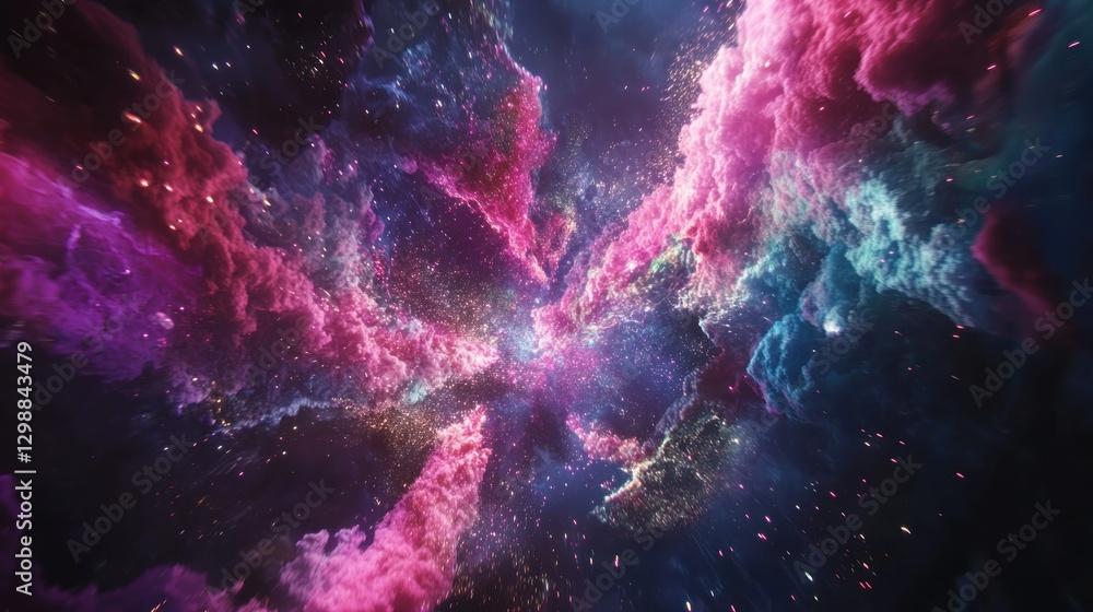 Poster abstract cosmic nebula with pink and blue clouds exploding into light