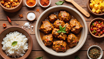 Colorful lamb curry served in traditional bowl, vibrant kitchen atmosphere