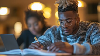 Obraz premium Young African American Man Taking Notes while Advising Homeowner in Cozy Indoor Environment with Blurred Lights