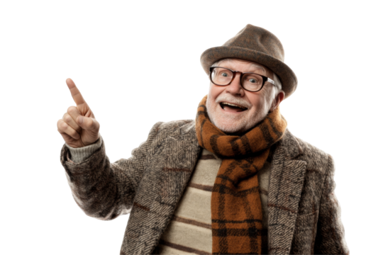 Happy elderly man pointing studio png transparent background cheerful environment close-up view concept of joy
