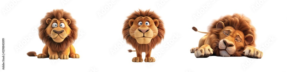Poster cartoon lions display various expressions in playful and restful poses