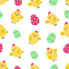 Chicken and eggs pattern similar. Yellow chickens, green and pink Easter eggs. Suitable for cards, dishes, notepads, pajamas, decorations. seamless. Vector illustration
