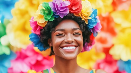 A joyful woman smiles brightly, adorned with a colorful floral crown, set against a vibrant, multicolored floral background, Black History Month