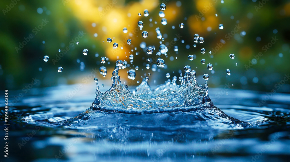 Poster close-up of a water droplet splash with droplets suspended in mid-air, creating a dynamic and refres