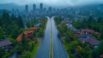 Rainy day aerial view of highway through residential area towards city skyline.