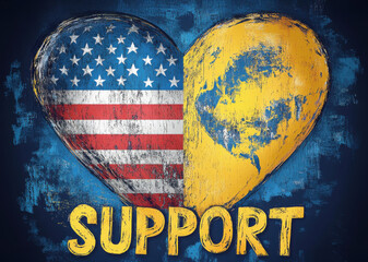 Heart symbol representing support for Ukraine with American flag colors on one side displayed on a blue background