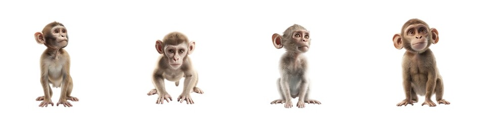 Four adorable baby monkeys sitting and looking curious against