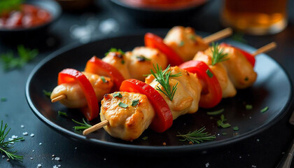 Grilled Chicken Skewers with Bell Peppers
.Chicken skewers with slices of sweet peppers and dill steak.
