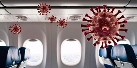 Obraz premium Airborne threat: Microscopic viruses loom over empty airplane seats, a chilling image of pandemic travel anxieties.