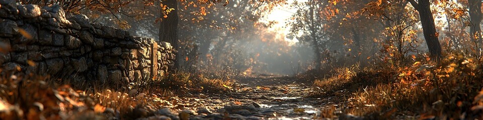 Obraz premium A forest path with a stone wall on the side